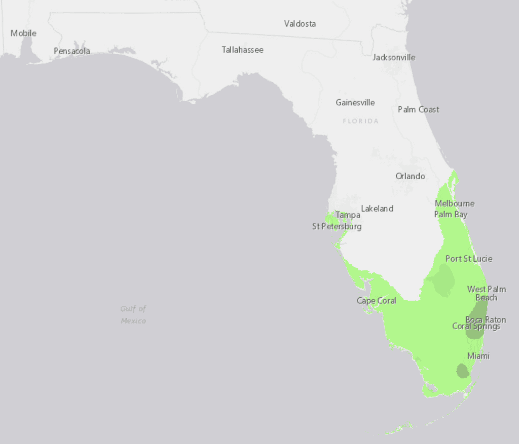 A map of Florida showing where growing breadfruit trees is suitable